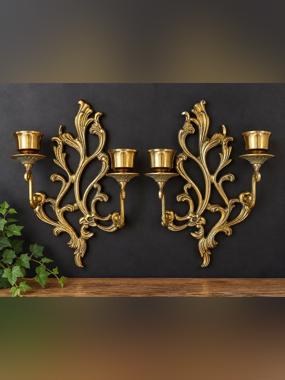 Ornate Brass Tone Double Arm Wall Candle Sconces Pair